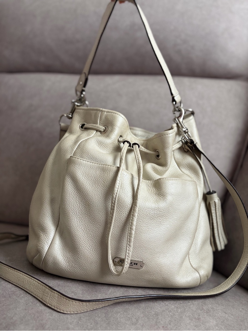 Coach Chalk Pebbled Leather Drawstring Shoulder Bag with Tassel Accent